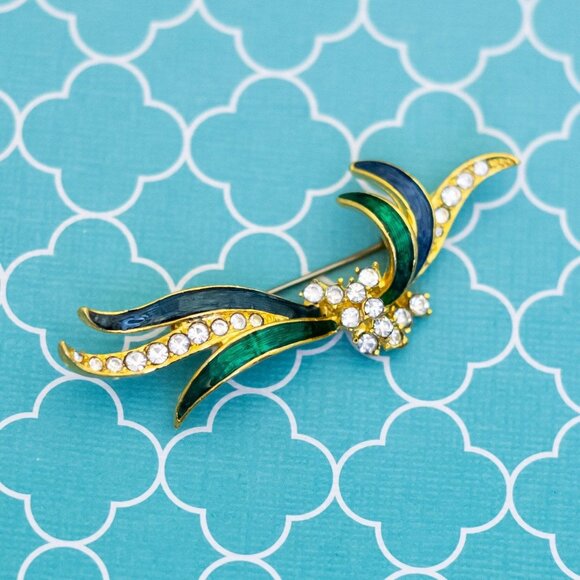 Vintage Clear Rhinestones Elven Leaves Stylish Brooch - R37 - Picture 1 of 2